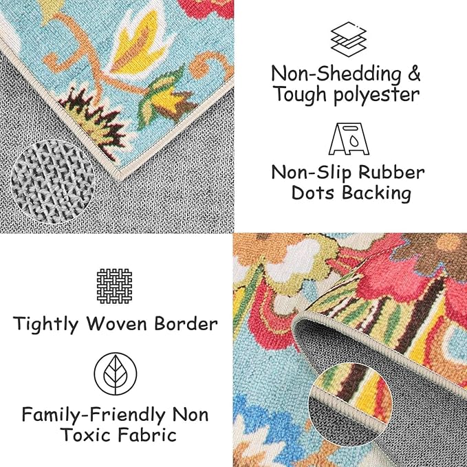 Beeiva Floral Washable Runners for Hallways, 2x6 Ultra Thin Colorful Vintage Plant Bathroom Hallway Runner Rugs with Rubber Backing, Carpet Runner Rug for Hallways Bedroom Entryway Laundry Room