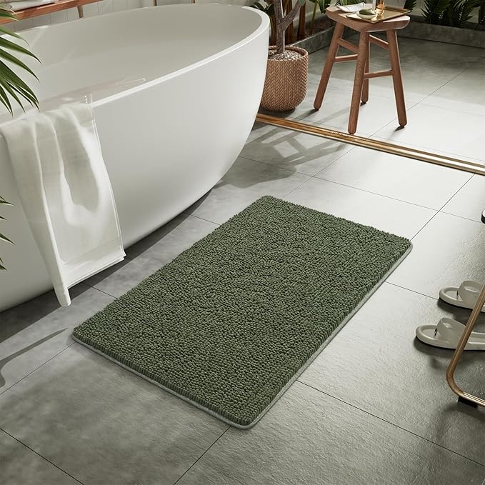 LOCHAS Luxury Bathroom Rug Shaggy Bath Mat 24 x 36 Inch, Washable Non Slip Bath Rugs for Bathroom Shower, Soft Plush Chenille Absorbent Carpets Mats, Olive Green