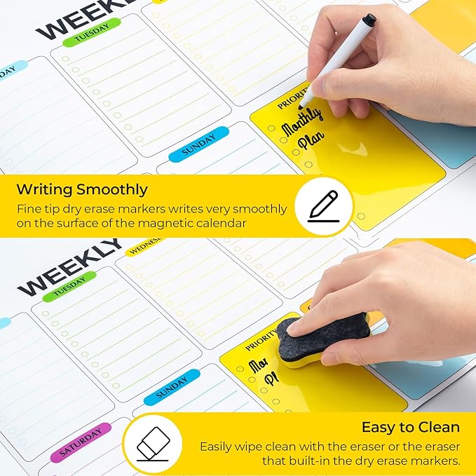 M&G Magnetic Dry Erase Calendar Set for Fridge, 3 Pack Planning Whiteboard with 10 Markers and Eraser, Monthly & Weekly & Daily Chore Chart for Refrigerator Wall Door