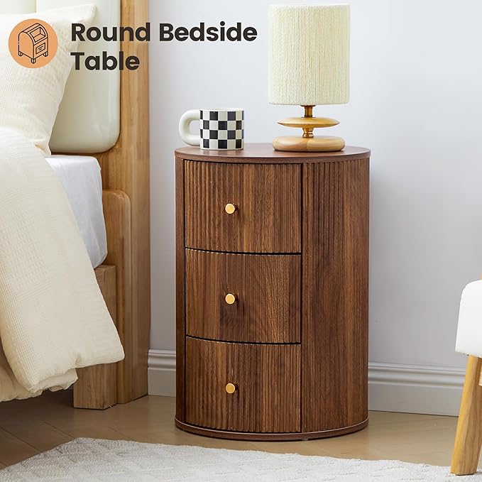 End Table with Charging Station for Couch,Mid-Century Modern Narrow Sofa Side Table with Drawer for Living Room,Small Bed Side Table for Bedroom (Walnut-Round, 1 PC)