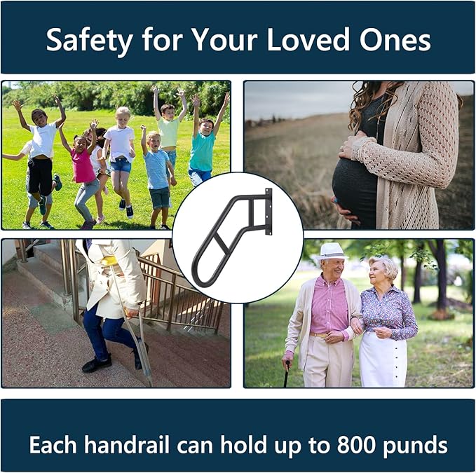 Hand Rails for Outdoor Steps & Elderly (Max 800LBS),U-Shape Wall Mount Stair Railing, Porch, Deck & Garden Grab Bar, Safety Handle for Garage, 2 Pack