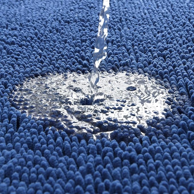 LOCHAS Luxury Bathroom Rug Shaggy Bath Mat 24 x 48 Inch, Washable Non Slip Bath Rugs for Bathroom Shower, Soft Plush Chenille Absorbent Carpets Mats, Blue