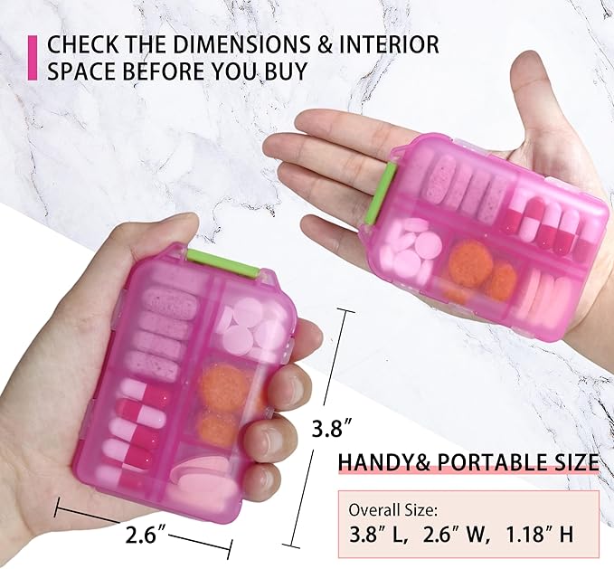 Pill Organizer with Medicine Labels Travel Daily Pill Container Mini Medication Organizer Storage Pill Organizer Travel Essentials Pill Case 7 Day (Purple& 161 Lables)