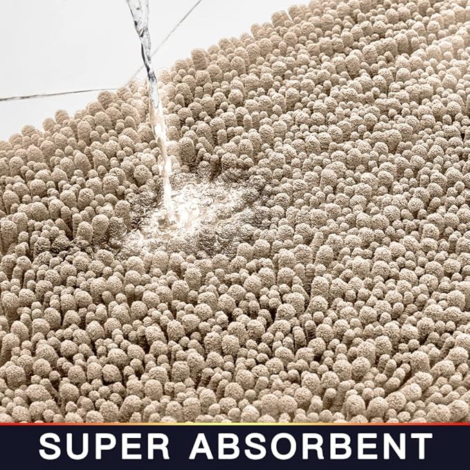 Walensee Bathroom Rug 2 Pieces Set Non Slip Bath Mat (17x24 Plus 20x32 Inch Beige) Water Absorbent Super Soft Shaggy Chenille Machine Washable Dry Extra Thick Perfect Carpet for Shower Floor
