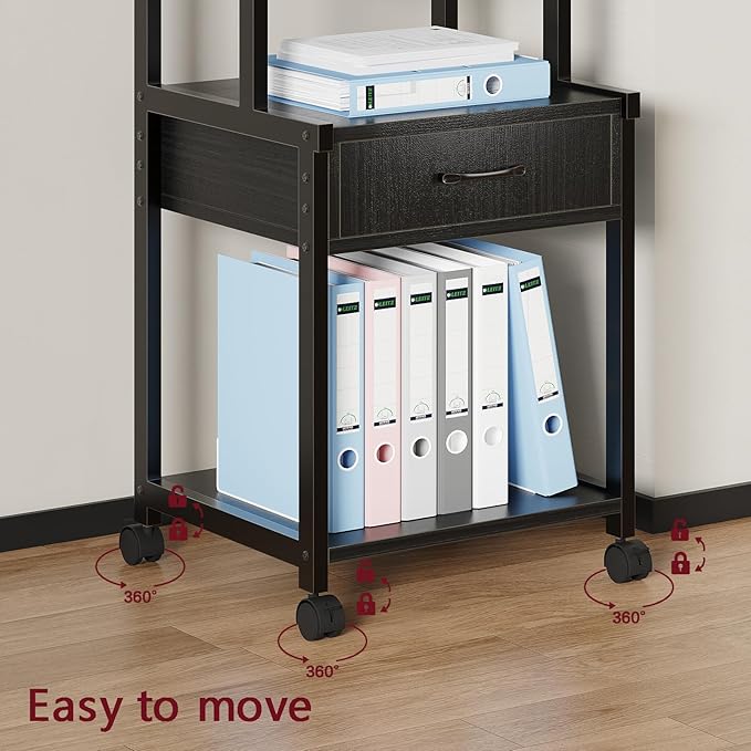 Printer Stand, 3-Tier Mobile Printer Cart, 31.5 x 14.96 x 17.72 Inches Square Printer Table with Storage Rack, Rolling Printer Table with Industrial Wheels for Home Office, Black