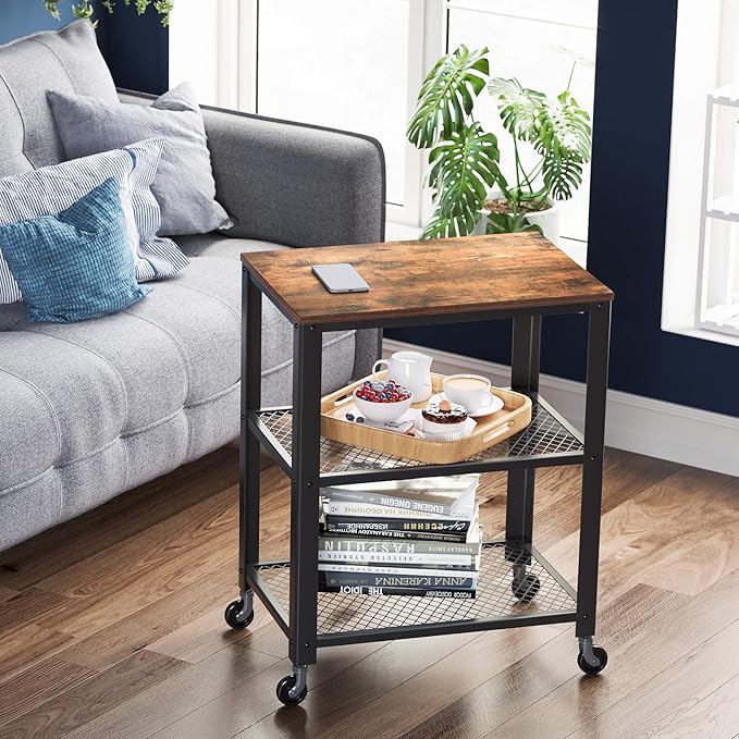 VASAGLE BRYCE Serving Cart, 3-Tier Kitchen Utility Cart on Wheels with Storage, for Living Room, Accent Furniture with Steel Frame, Industrial, Rustic Brown and Ink Black ULRC78X