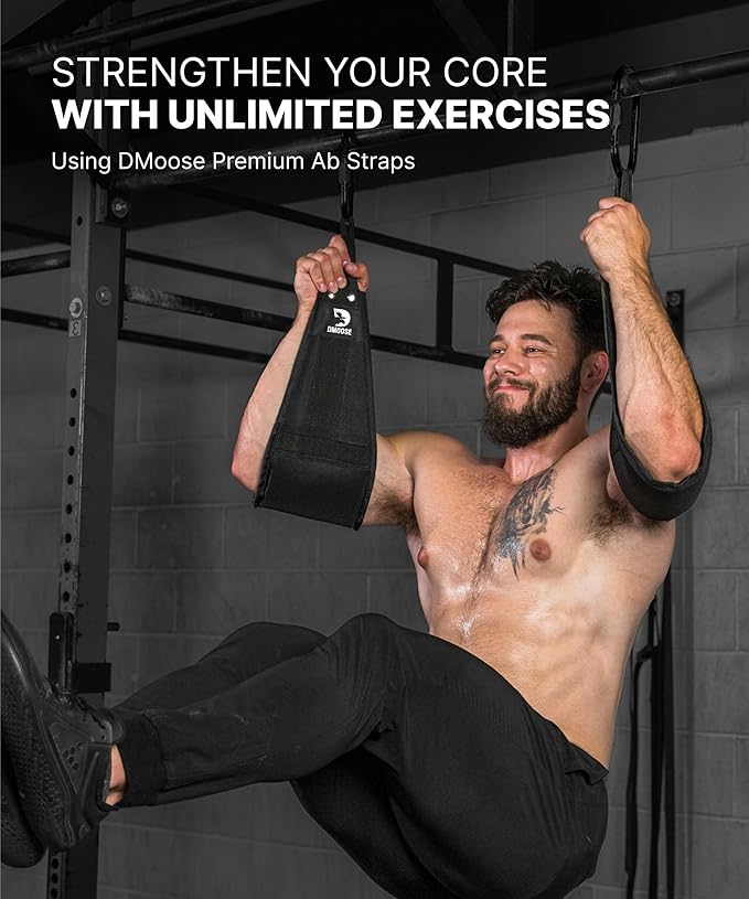DMoose Fitness Hanging Ab Straps for Pull Up Bar & Core Strength Training - Thick Padded Arm Strap for Ab Swing with 2 Rust-Resistant Carabiners - Pull Up Straps for Ab Workouts at Home and Gym