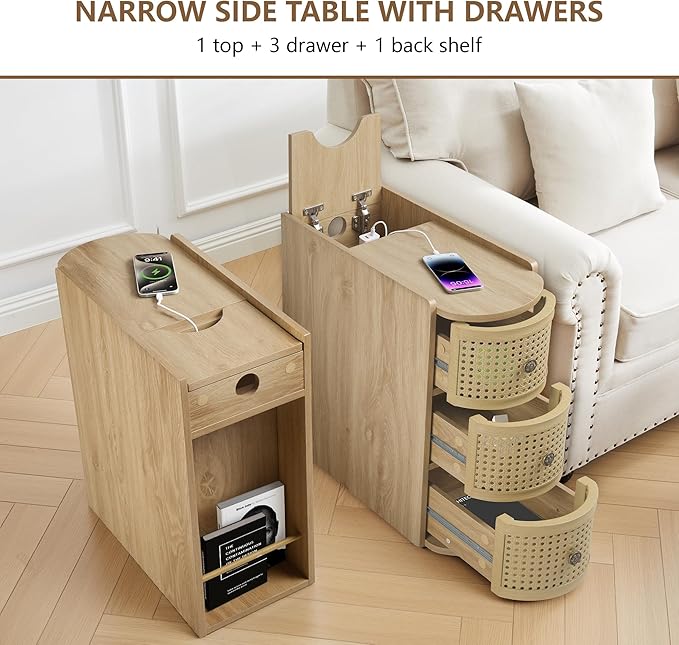 Metal Rattan Narrow End Table with Charging Station, Boho Side Table with Drawers Storage, Small Night Stand with Power Outlets and USB Ports, Sofa Side Table for Living Room - Natural