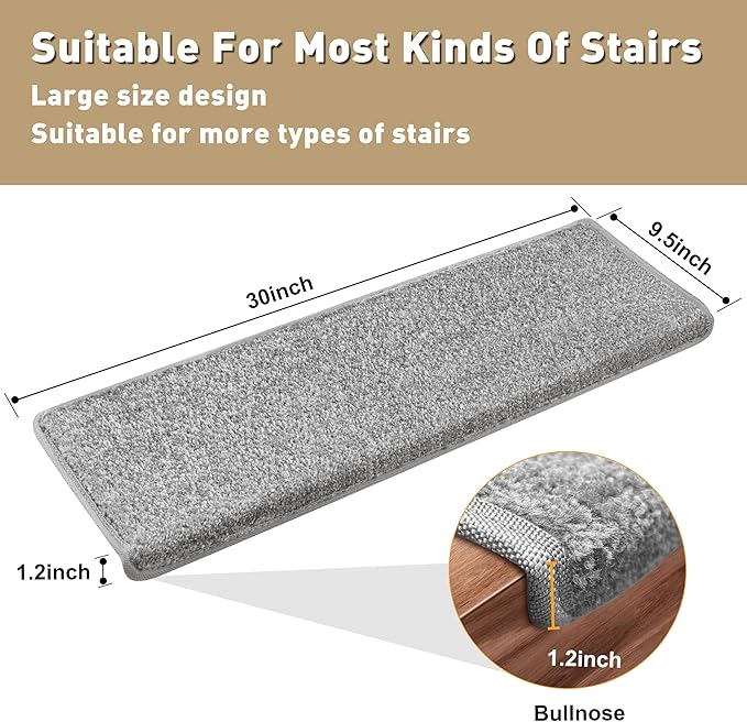PURE ERA Bullnose Carpet Stair Treads Set Tape Free Non-Slip Indoor Stair Protectors Pet Friendly Rugs Covers Soft Skid Resistant Washable Reusable 9.5" x 30"(2 Pieces,Light Gray)