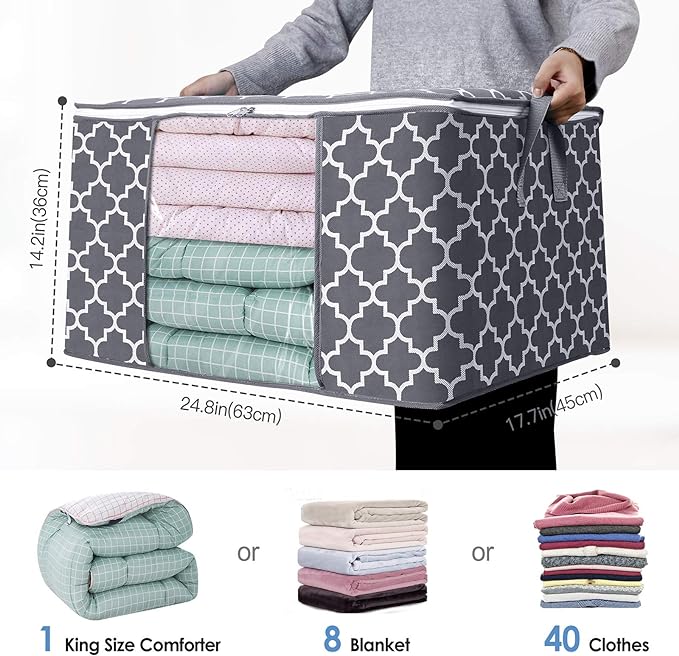 WISELIFE Storage Bags, Large Blanket Clothes Organization and Storage Containers for Bedding, Comforters, Foldable Organizer with Reinforced Handle, Clear Window,Sturdy Zippers,(Grey, 3 x 100L)