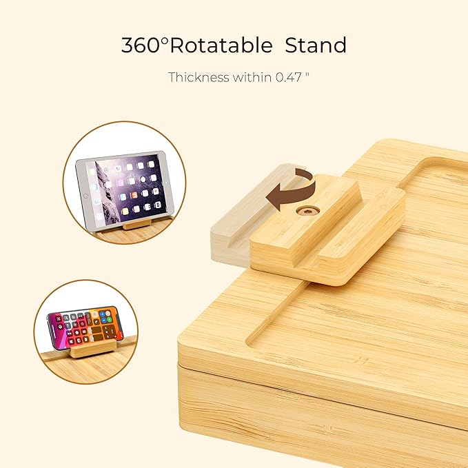Wealone Bamboo Couch Arm Tray for Wide Couch, Sofa Arm Clip Table with Storage Box, Couch Armrest Tray with 360°Rotating Phone Holder, Sofa Arm Table Clip for Eating, Drinks or Dining