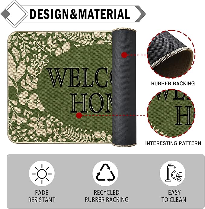 Welcome Spring Door Mat Green Leaves Doormat Indoor Outdoor Entrance Outdoor Rug Low-Profile Floor Rug Non Slip Spring Summer Decor Rubber Mats for Home Decoration 17x36Inch