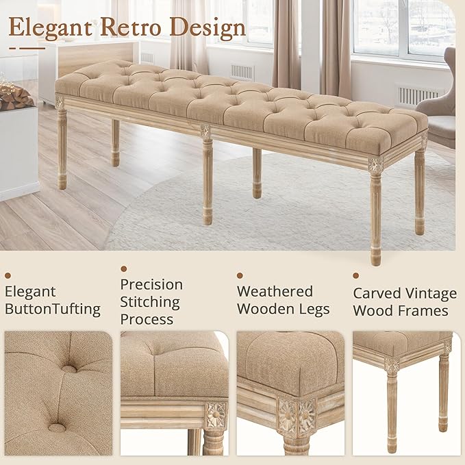 LUE BONA 60" Fabric End of Bed Bench, Upholstered Tufted French Bedroom Bench with Carved Legs for Bedroom End of King Size Bed, Living Room, Wheat