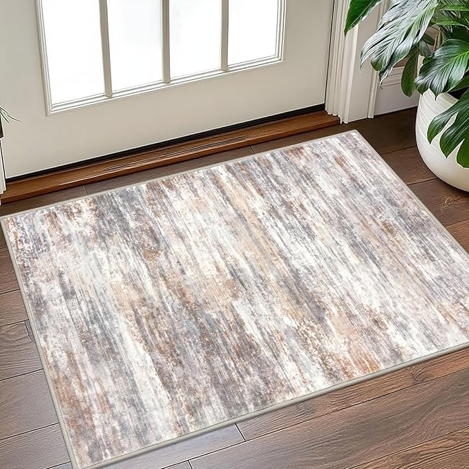 KOZYFLY Modern Abstract Small Area Rugs 2x3, Washable Kitchen Rug Non-Slip Soft Small Bathroom Rug, Multi Grey Striped Entryway Rugs Print Faux Wool Doormat for Bedside Entrance Bedroom Sink