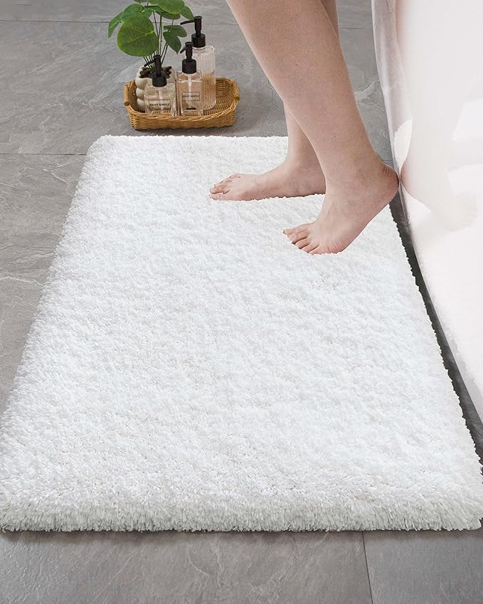Bathroom Rugs 36x24, Ultra Thick Shaggy Soft Microfiber Absorbent Bath Rug, High Density Foam Latex Non Slip Backing, Machine Washable Bath Mats for Bathroom Floor & Sink, White