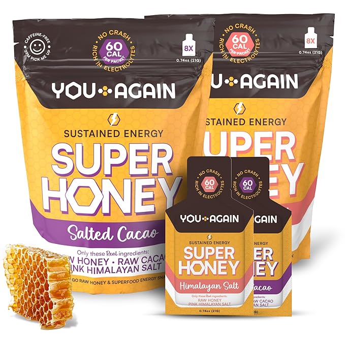 You Again Super Honey Clean Energy Gel, Variety Himalayan Salt & Salted Cacao | Electrolyte Replenishment Running Fuel | Endurance Workouts & Cycling Gel | Paleo & Carnivore Snack | USA Made | 16-Pk