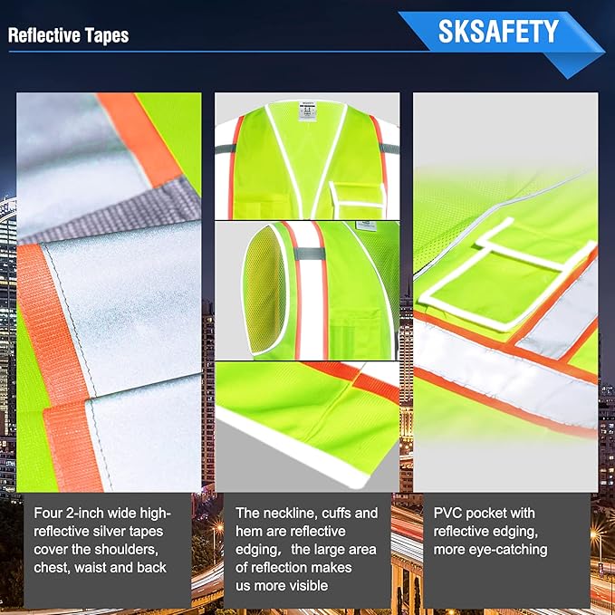 SKSAFETY 10 Pockets Safety Vest, Class 2 High Visibility Security with Zipper Back Mesh, Hi Vis Vest with Reflective Strips, ANSI/ISEA Standard, Construction Work Vest for Men ＆ Women （Lime, 4XL）