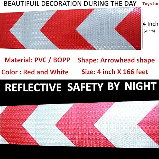 Reflective Tape Red and White 4 inch X 166 feet, Outdoor Waterproof Hazard Conspicuity Safety Industrial Marking Tape