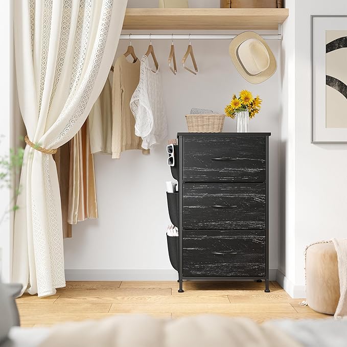 EnHomee Tall Nightstand, Night Stand with Drawers for Bedroom, Bedside Table with Wooden Top, Sturdy Steel Frame End Table, Dorm Nightstand for Bedroom, Entryway, Hallway, Closet, Cloth Bags,Black