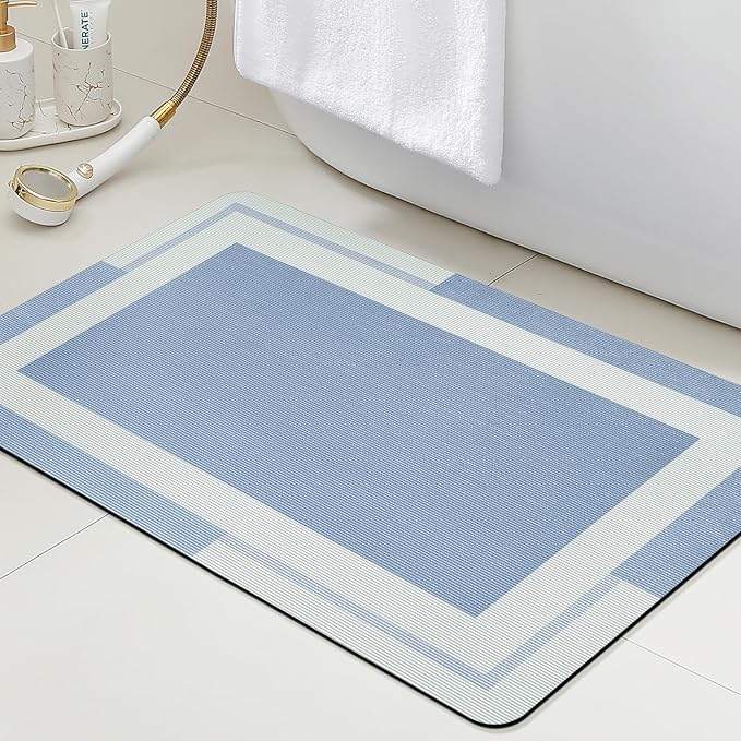 Ultra Thin Bath Mat, Upgrade Backing Non Slip Thin Bath Mats Fit Under Door, Quick Dry Ultra Absorbent Bathroom Rugs, Machine Washable Bath Rugs for Bathroom, Bathtub & Kitchen, Blue/Bordered/24"x17"