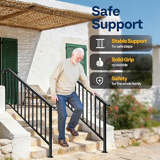 VIVOHOME 2-Pack 6 Step Galvanized Steel Hand Rails for Outdoor Steps – Black Oval and Safety Balusters Exterior Railing for Porch, Deck, or Indoor Stairs, Complete Installation Kit