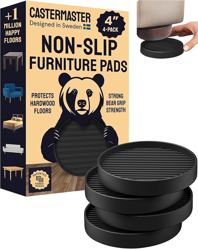 CasterMaster Heavy Duty Non Slip Furniture Pads for Wood Floors & Carpet - 4x4 Black Round Caster Cups - Rubber Feet for Furniture - Stop Bed Sliding - Bed Frame Legs Protectors (Set of 4)