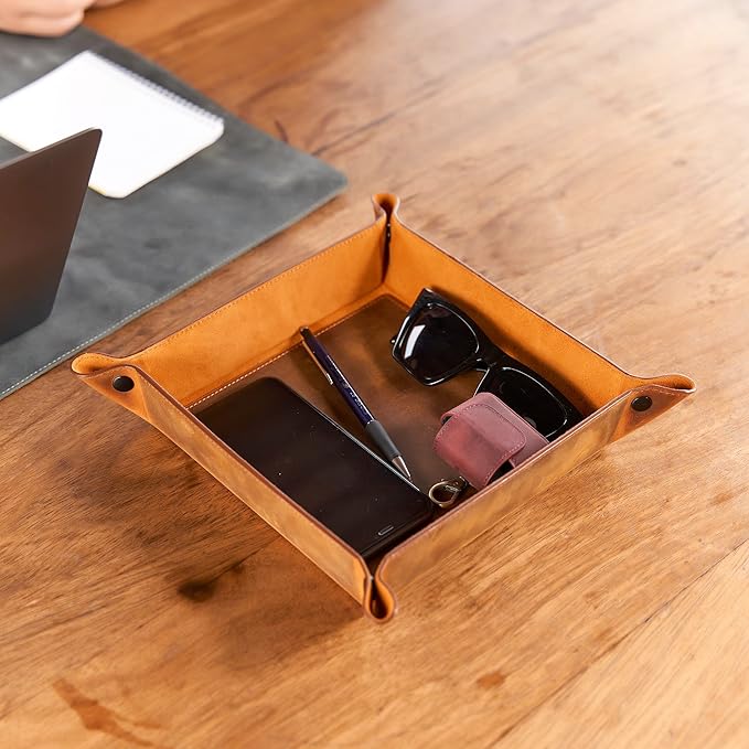 Handmade Leather Catch All Tray and Organizer for Keys, Phones, Jewels, Coins, Square - Small, Deep Black