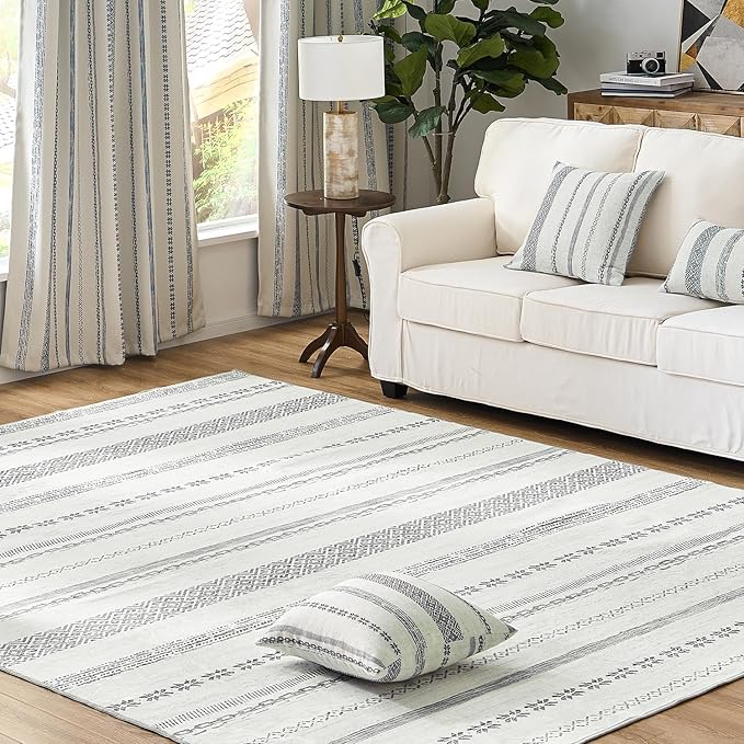 jinchan Moroccan Boho 8x10 Area Rugs for Living Room - Machine Washable Soft Throw Rug Bohemian Ripple Design Non-Slip Neutral Carpet for Bedroom Dining Room Home Office (8‘x10', Grey)