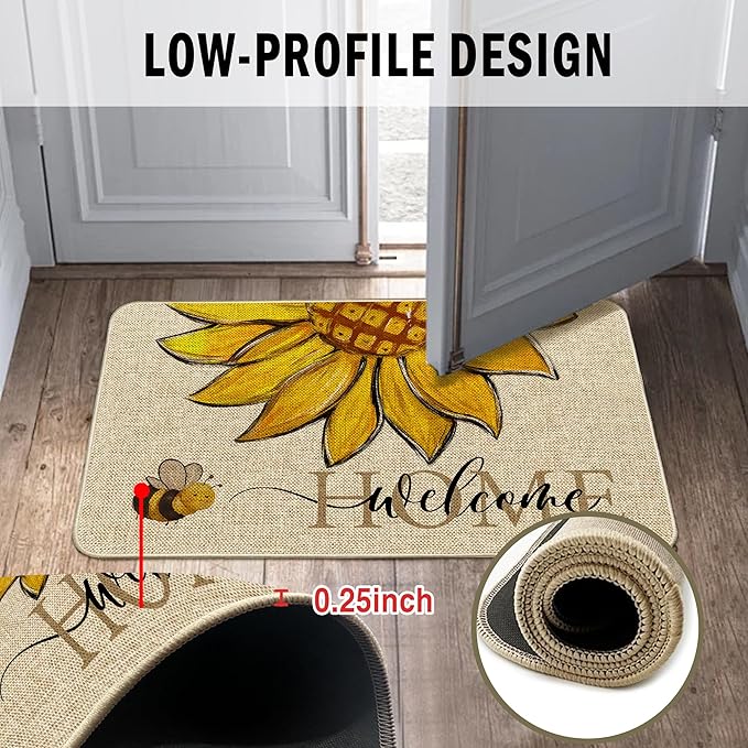 Sunflower Welcome Doormat 17"x29", Non Slip Door Mat Indoor Entrance, Hello Indoor Front Door mat, Spring Summer Outdoor Entrance Mat, Low Profile Design Patio Porch Entryway Mats