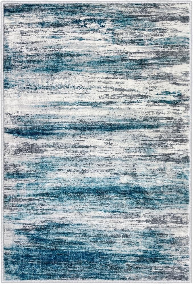KOZYFLY Washable Area Rug 5x7 Modern Ombre Living Room Thin Rug Non-Slip Soft Striped Rug for Bedroom, Print Blue Abstract Carpet for Laundry Kid Room