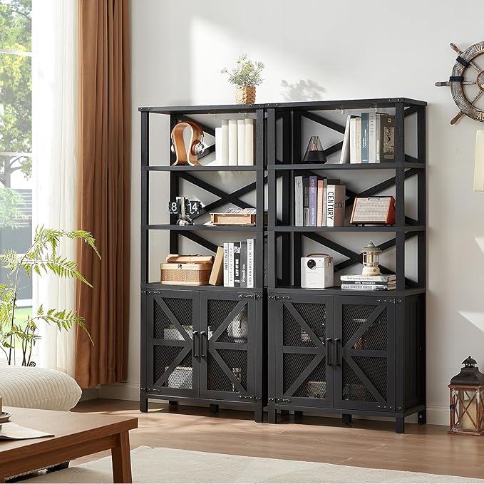 5 Tier Bookshelf 70" Tall Bookcase with Barn Doors,Large Farmhouse Display Book Shelf with Adjustable Shelves and Storage Cabinet，Library Wood Bookshelves for Living Room,Kitchen,Black(3PCS)