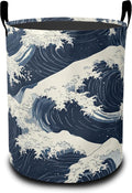 Japanese Style Waves Laundry Hamper Large Canvas Fabric Lightweight Storage Basket/Dirty Clothes Collapsible Waterproof for College Dorms, Boys and Girls Bedroom,Bathroom