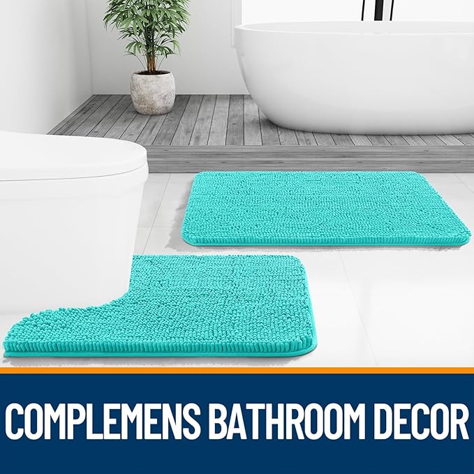 OLANLY Bathroom Rugs Sets 3 Piece, Soft Absorbent Chenille Bath Mats and U-Shaped Contour Toilet Rug, Quick Dry, Home Decor Accessories, Bath Mat Set for Bathroom (47"x20"+24"x16"+24"x20", Teal)