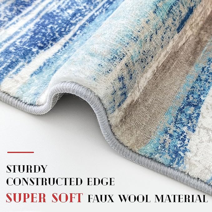 Modern Abstract Runner Rug 3x8, Blue Washable Kitchen Runner Non-Slip Soft Hallway Rug Runner Thin Print Faux Wool Carpet for Entryway Bedroom Laundry Room Indoor Home Office Decor
