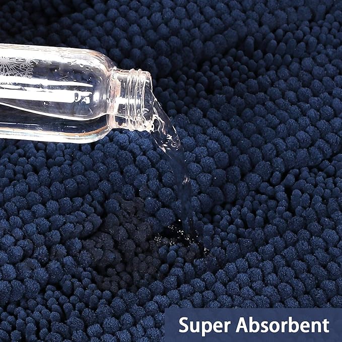 Turquoize Chenille Bath Rug - Shaggy Non-Slip Bathroom Mat, Extra Soft and Absorbent Area Rug, 24 x 36 Inches, Navy