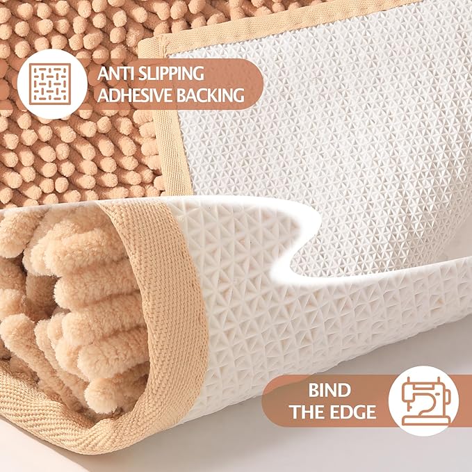 Bathroom Rugs Runner Mats 2 Piece Long Sets Bath Rug Extra Absorbent Chenille Kitchen Mat Set Non Slip Striped Machine Washable Quick Dry Tub Shower Accessories 47x20+24x17 Inch, Beige