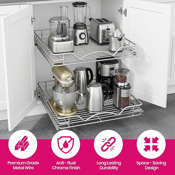HOLDN’ STORAGE Two Tier Pull Out Cabinet Organizer, Individual Sliding Drawers - Heavy Duty Metal with Lifetime Limited Warranty - Anti Rust Chrome Finish - 11" W x 21”D x 16.5" H