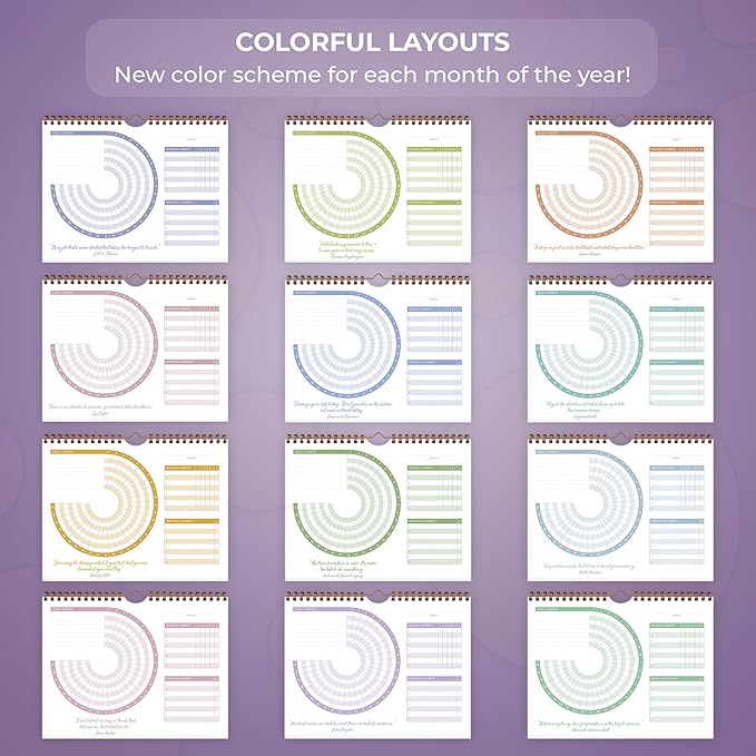 Clever Fox Habit Calendar Circle – 24-Month Inspirational Daily Habit Tracker with Colorful Pages – Routine & Goal Planner Journal (White & Lavender)