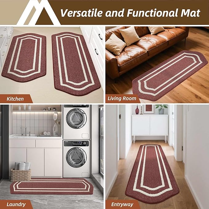 COSY HOMEER Long Kitchen Floor Mats for in Front of Sink Super Absorbent Kitchen Rugs and Mats 24"x48" Non-Skid Kitchen Mat Standing Mat Washable,Polypropylene,Red,Frame