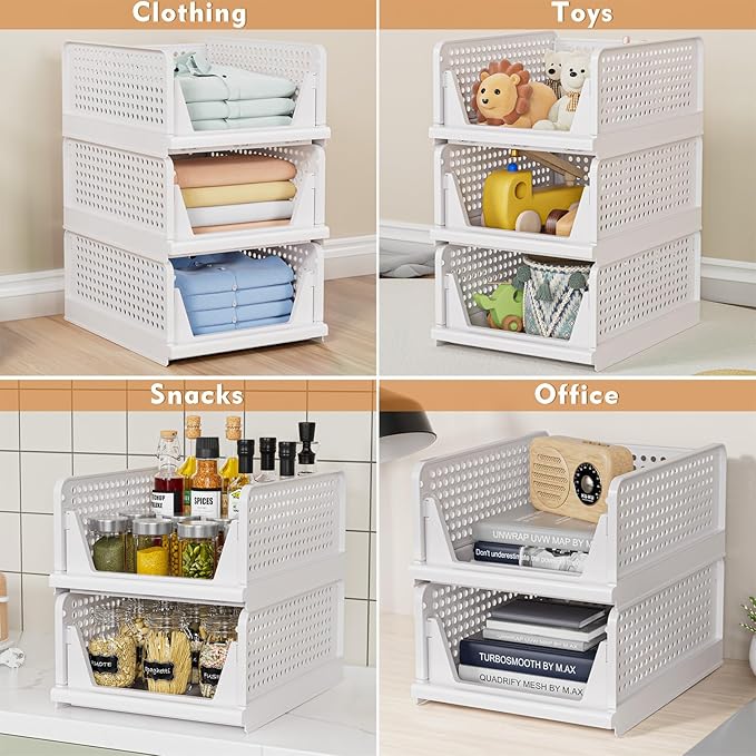 4 Pack Stackable Closet Storage Basket - Stackable Storage Bins, Multifunctional & Foldable Closet Organizer Divided, Wardrobe Cupboard Space-Saving Clothes Storage Hat Organizer, White