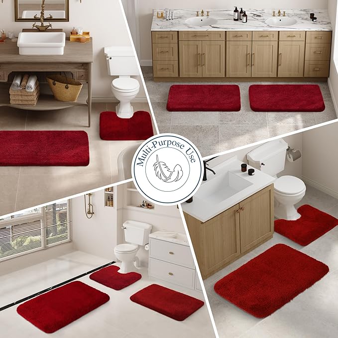 Walensee Bath Rug - Non Slip, Soft Microfiber Shaggy Bath Mat (20 x 32, Red), Machine Washable, Thick Plush Shower Mat