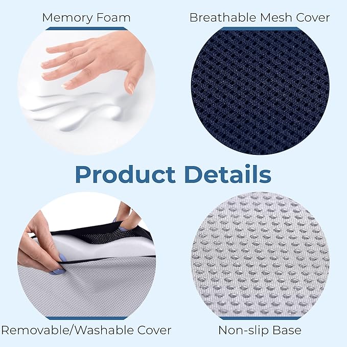 5 STARS UNITED Seat Cushion for Tailbone Pain Relief – Large Memory Foam Cushion for Coccyx, Hip, Sciatica & Post-Surgery Recovery – Wheelchair, Car, Desk, Gaming & Office Chairs, Blue