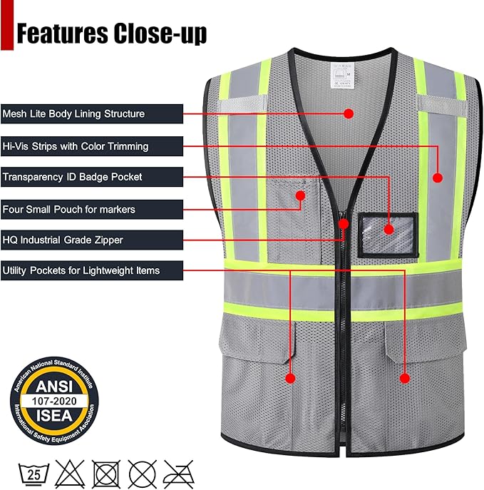 Reflective Safety Vest for Men Women Hi Vis Vest with Pockets High Visibility Vest Mesh Construction Vests Meets ANSI/ISEA Standards (Grey-33, XX-Large)