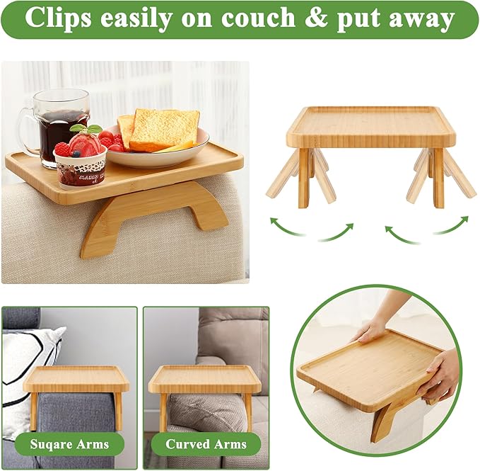 SINWANT Couch Arm Table Tray, Bamboo Sofa Arm Clip on Side Tables, Foldable Arm Rest Table for Home, Couch Arm Tray for Small Spaces Drink Eating Dinner