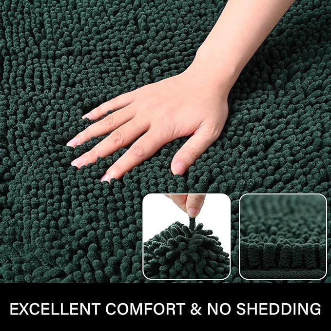 LOCHAS Luxury Bathroom Rug Shaggy Bath Mat 24 x 36 Inch, Washable Non Slip Bath Rugs for Bathroom Shower, Soft Plush Chenille Absorbent Carpets Mats, Hunter Green