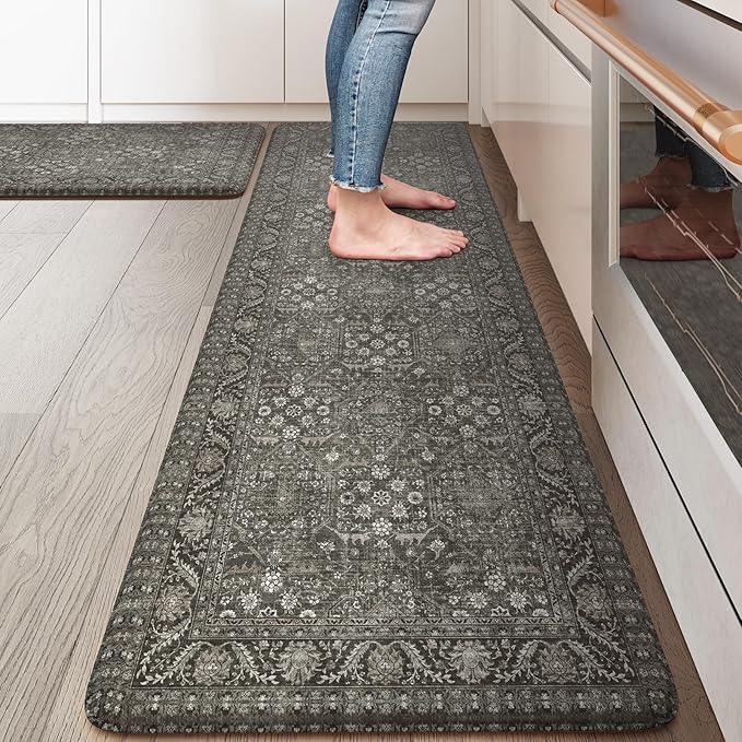 KIMODE Anti Fatigue Kitchen Mat 2PCS,Waterproof Farmhouse Green Kitchen Rugs Non-Slip,Vintage Kitchen Mat for Floor,Cushioned Comfort Foam Standing Mat for Laundry,Office,Sink,Desk