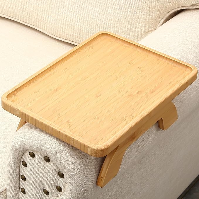 SINWANT Couch Arm Table Tray, Bamboo Sofa Arm Clip on Side Tables, Foldable Arm Rest Table for Home, Couch Arm Tray for Small Spaces Drink Eating Dinner