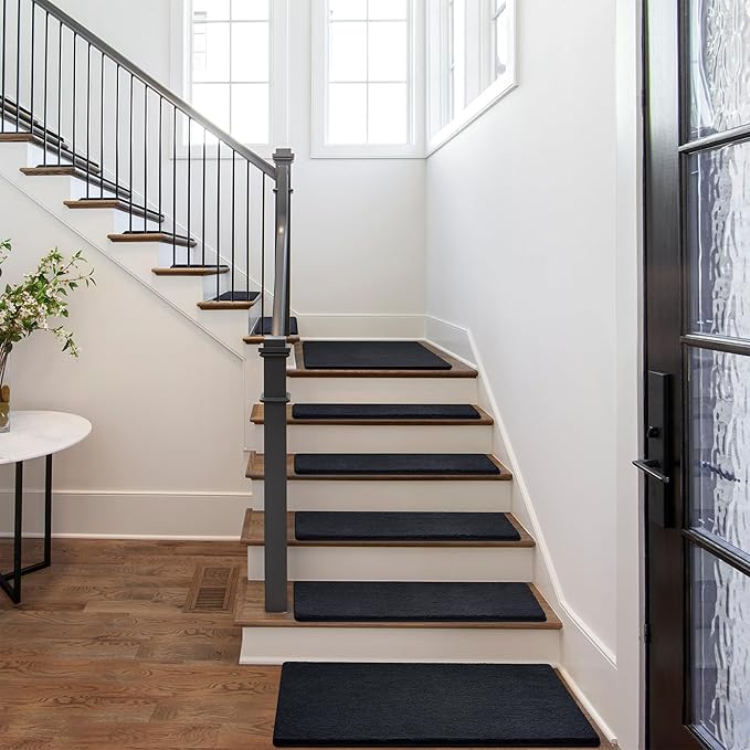 PURE ERA Carpet Stair Treads Ultra Plush 8" X 30" Soft Indoor Stair Protectors Pet-Friendly Non-Slip Skid Resistant Tape Free Washable Reusable(2 Pieces, Black)