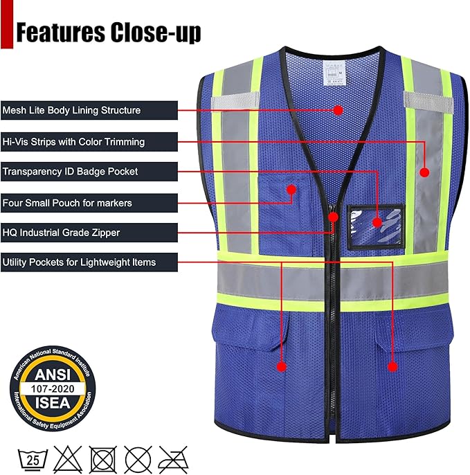 Reflective Safety Vest for Men Women Hi Vis Vest with Pockets High Visibility Vest Mesh Construction Vests Meets ANSI/ISEA Standards (Blue-33, Small)
