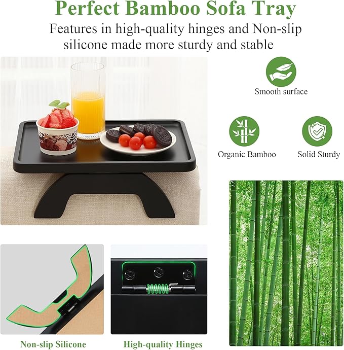 SINWANT Couch Arm Table,Bamboo Couch Arm Tray for Armrest,13.78" Sofa Clip on Tray Table for Home Living Room Snack & Drink Remote